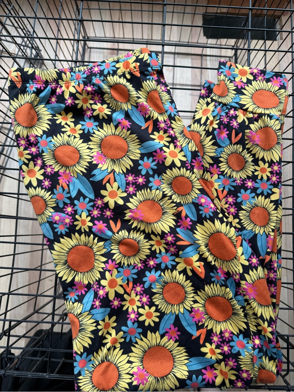 Kids Floral Sunflower Print Leggings - Black
